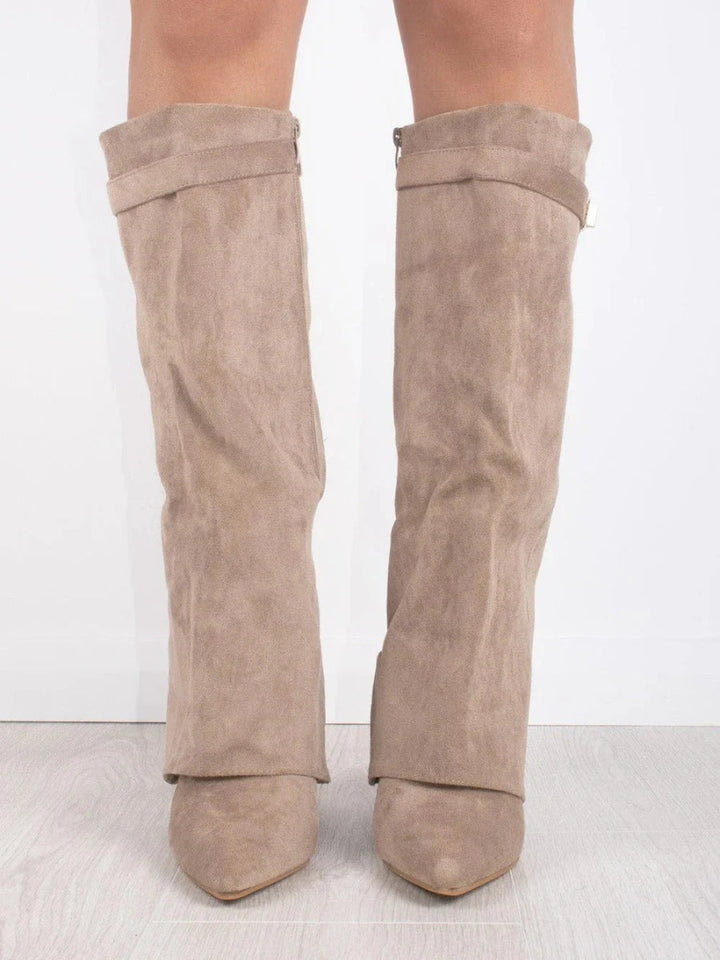 Ruby | Elegant Black Suede Knee-High Boots With Gold Hardware