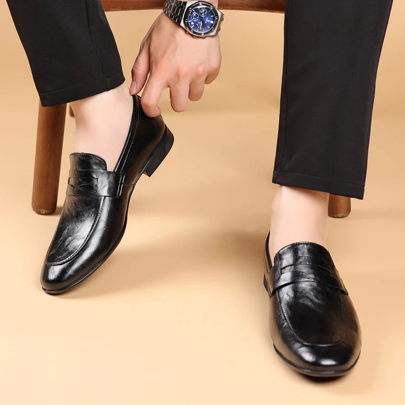 Harper | Sleek Black Leather Slip-On Dress Loafers For Men