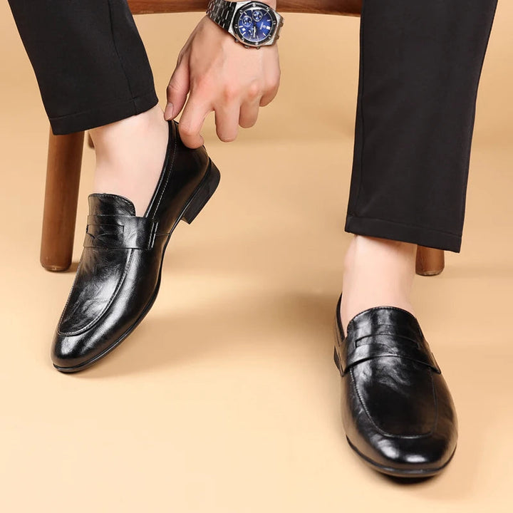 Harper | Sleek Black Leather Slip-On Dress Loafers For Men
