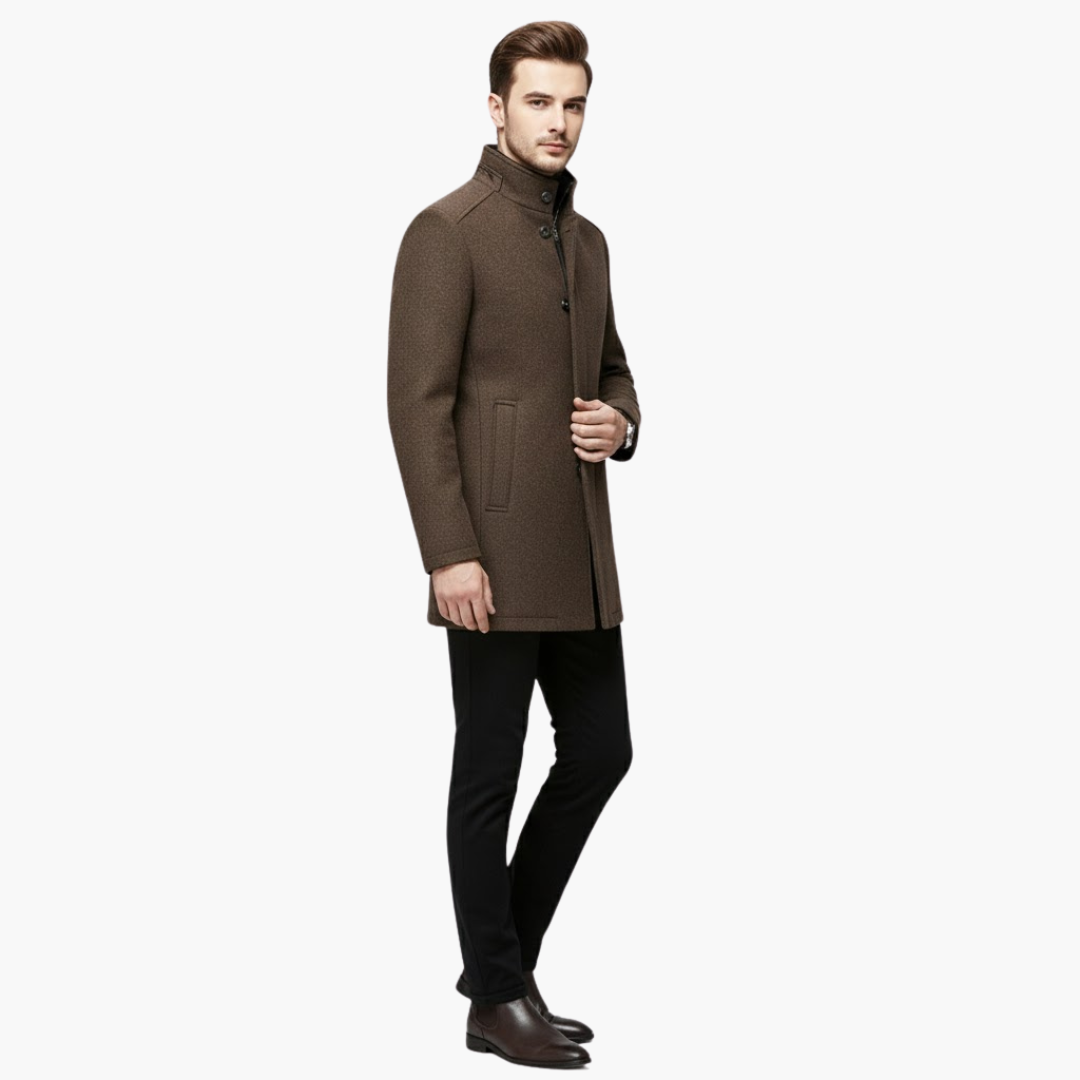 Phoebe | Elegant Men's Brown Wool Overcoat With Stand Collar