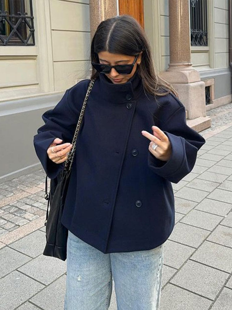 Penelope | Elegant Navy Button Front Cropped Coat With High Collar