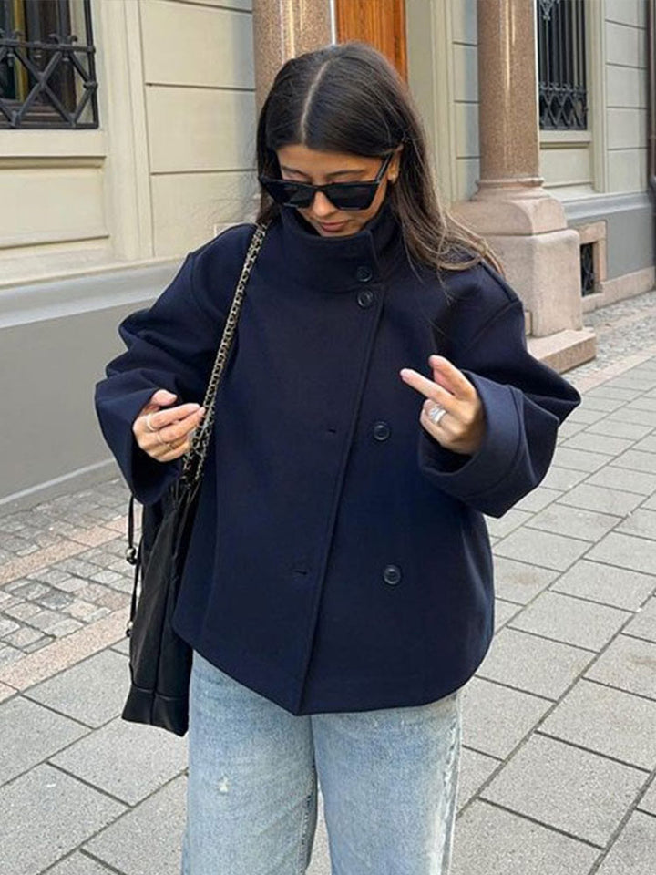 Penelope | Elegant Navy Button Front Cropped Coat With High Collar