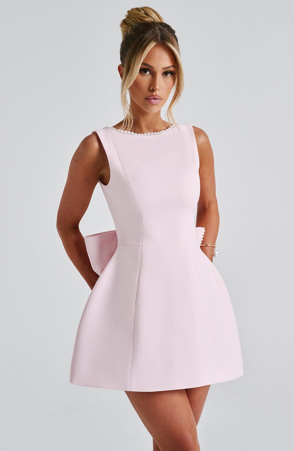 Rosemary | Elegant Pearl Trim A-Line Mini Dress With Pockets