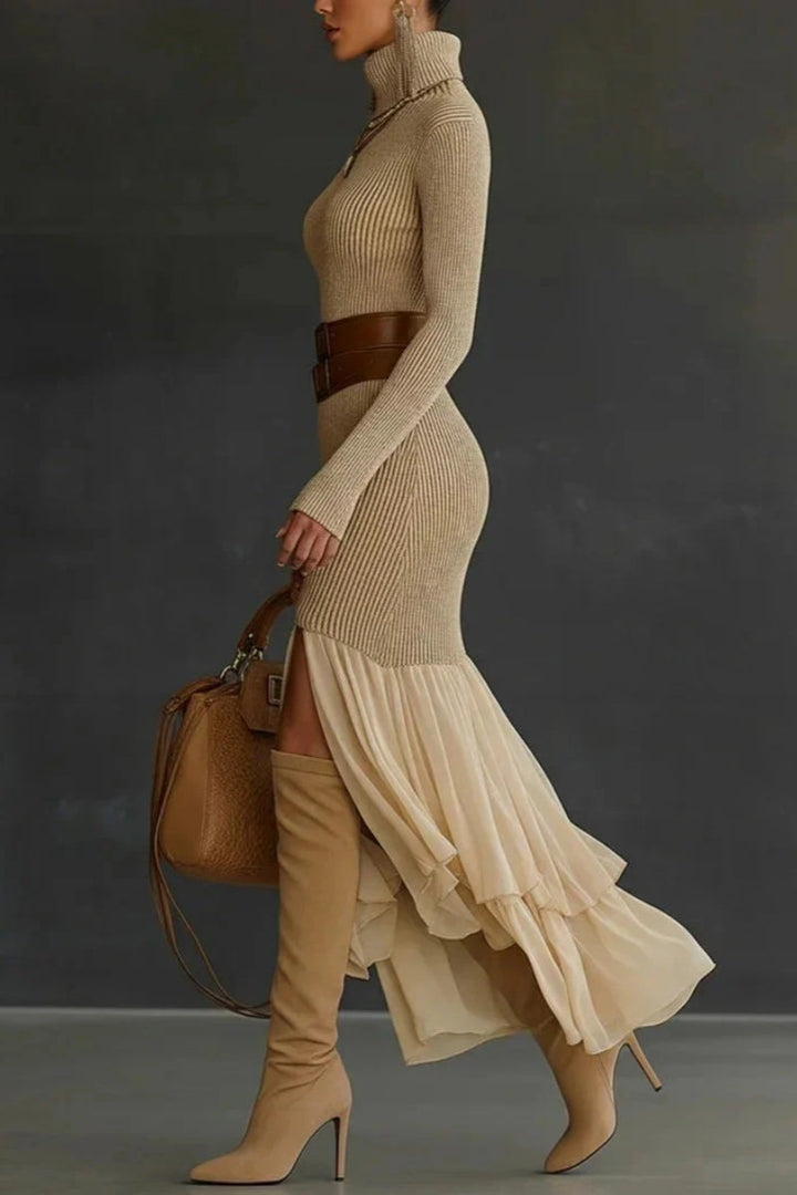 Magnolia | Elegant Turtleneck Ribbed Ruffle Maxi Dress