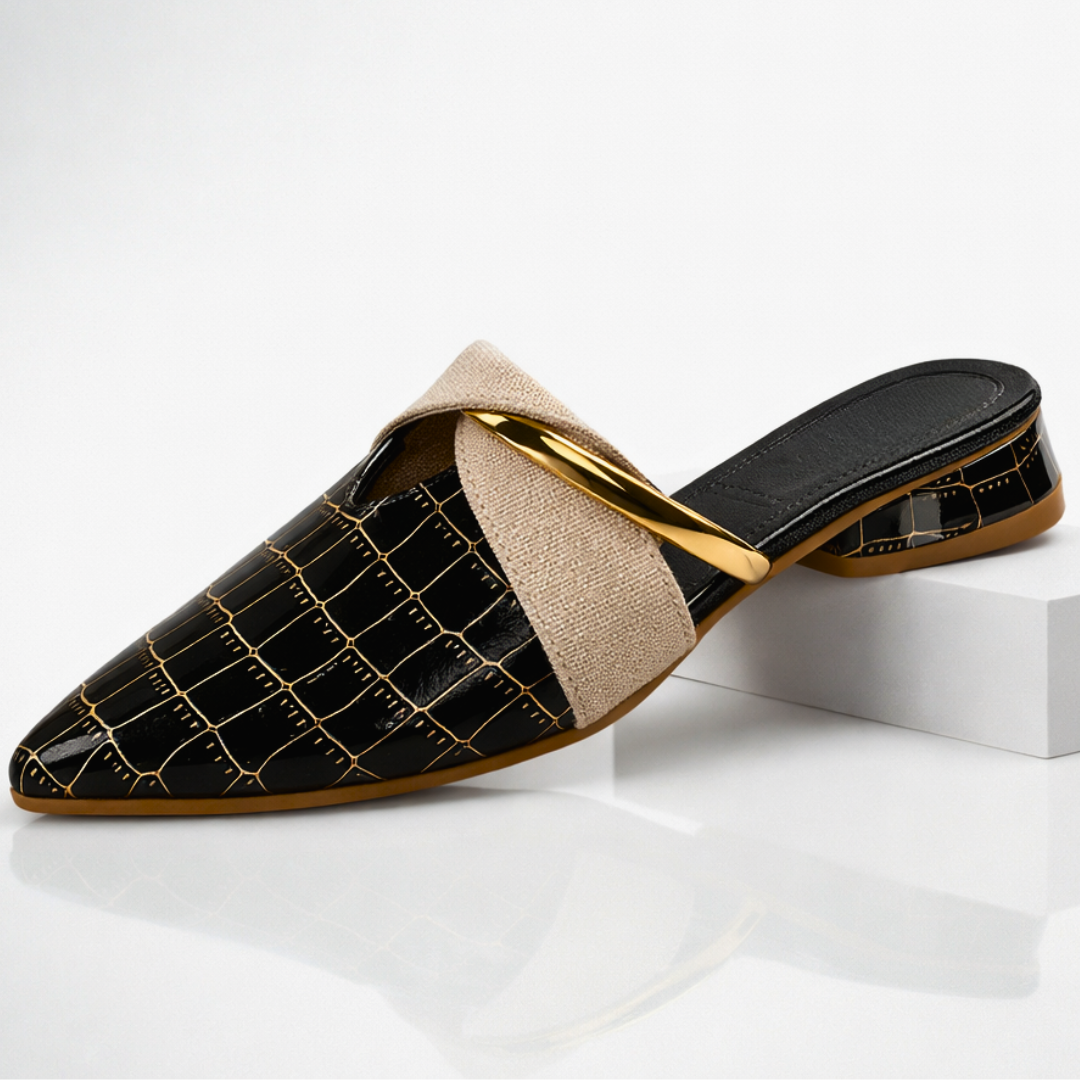 Odette | Chic Pointed Toe Croc-Embossed Mules With Gold Accent