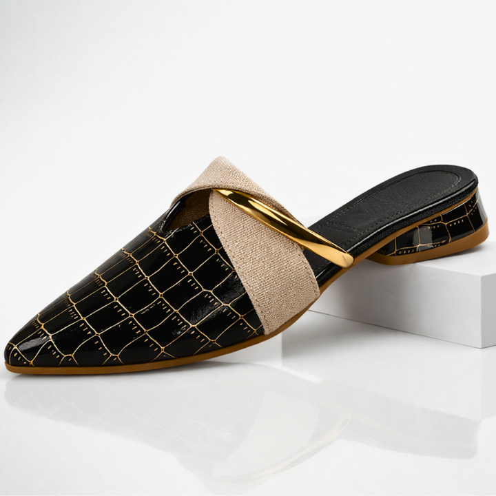 Odette | Chic Pointed Toe Croc-Embossed Mules With Gold Accent
