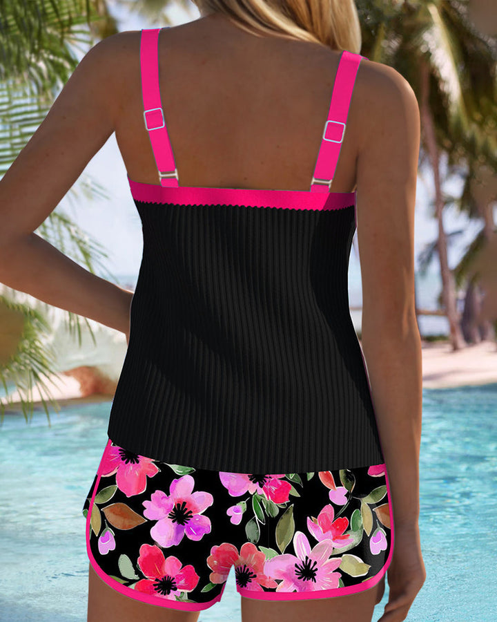Ophelia | Elegant Ribbed Tankini With Floral Print Swim Shorts