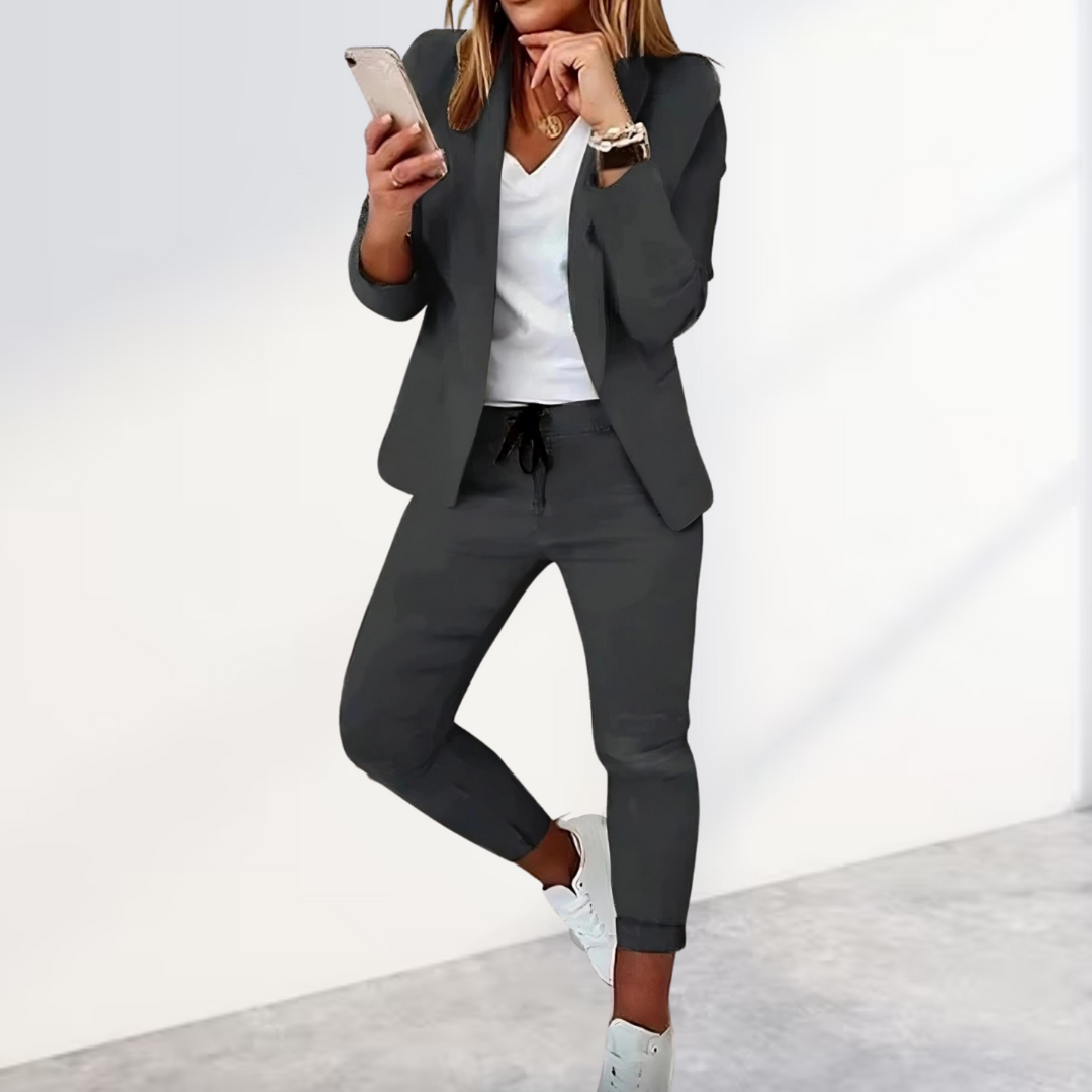 Tessa | Chic Black Blazer Jogger Set With White V-Neck