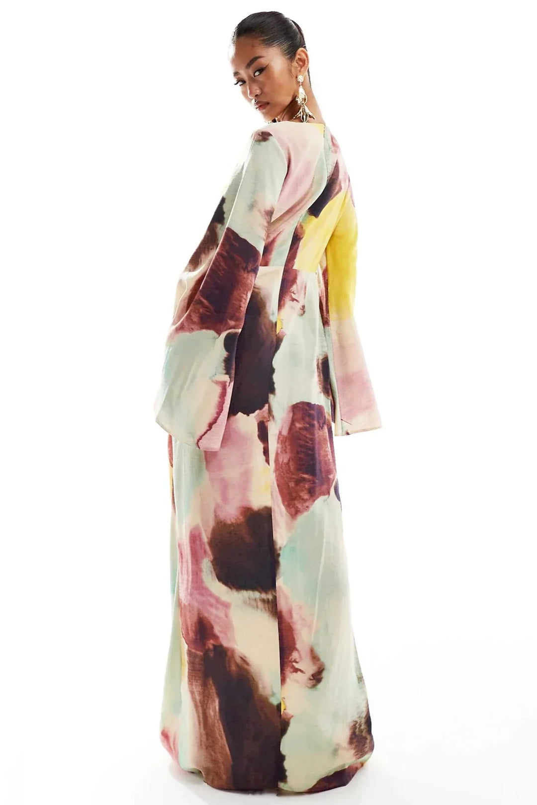 Jacqueline | Elegant Abstract Watercolor Maxi Dress With Flared Sleeves
