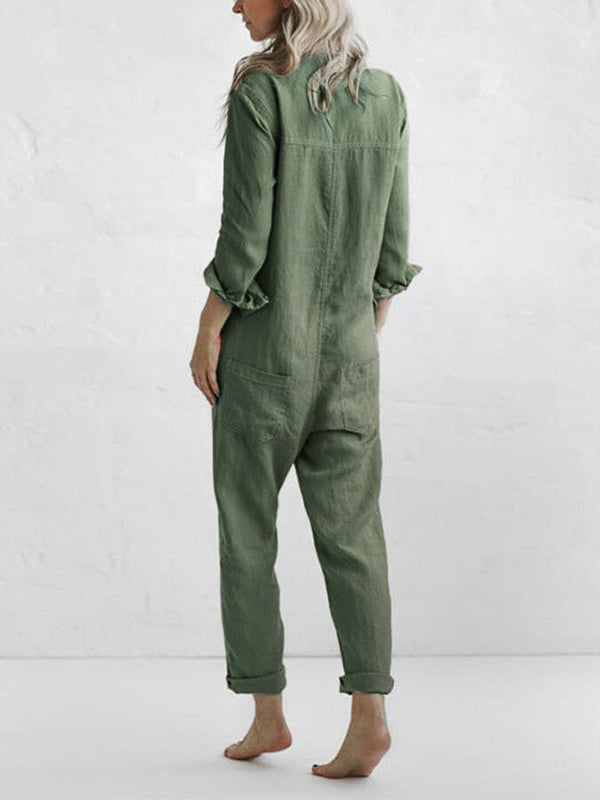 Evelyn | Elegant Button Front Long Sleeve Linen Jumpsuit