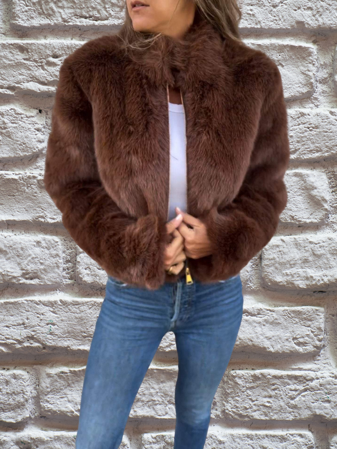 Natalie | Luxe Brown Faux Fur Cropped Jacket With Zipper