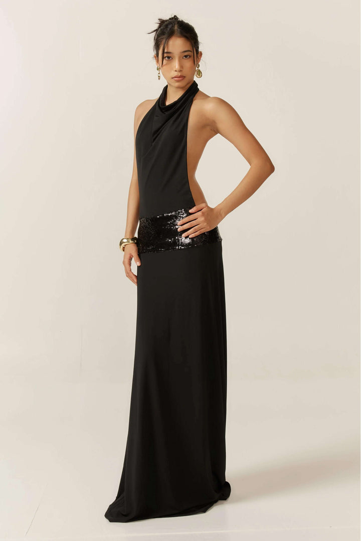Adele | Elegant Black Halter Sequin Waist Maxi Gown