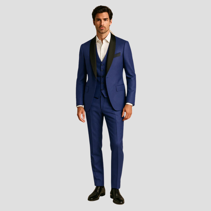 Men's Navy Three-Piece Tuxedo With Black Lapels And Bow Tie