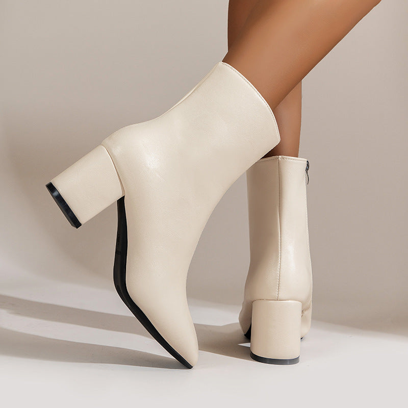 Georgina | Chic Block Heel Ankle Boots - Cream Faux Leather