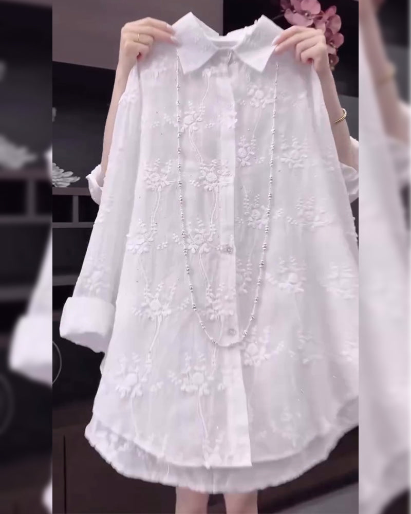 Leah | Elegant White Embroidered Blouse with Drop Shoulders