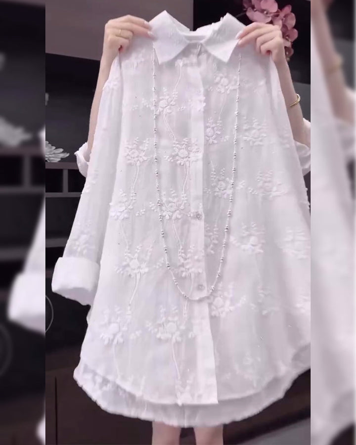 Leah | Elegant White Embroidered Blouse with Drop Shoulders