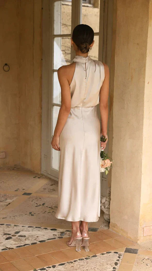Belle | Elegant Halter Neck Satin Midi Dress
