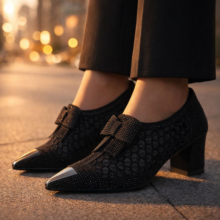 Margot | Elegant Rhinestone Bow Block Heels With Metallic Pointed Toe