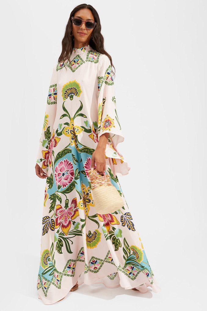 Cordelia | Elegant Floral Print High Neck Maxi Dress With Flowing Sleeves