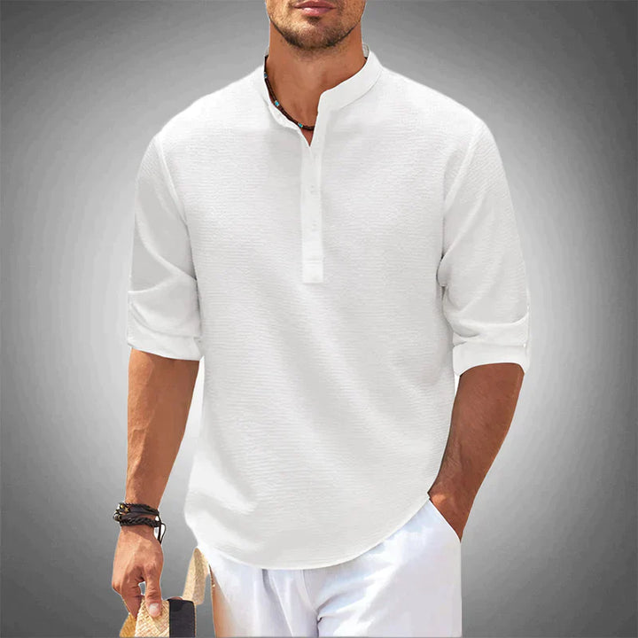 Sebastian | Elegant White Mandarin Collar Henley Shirt