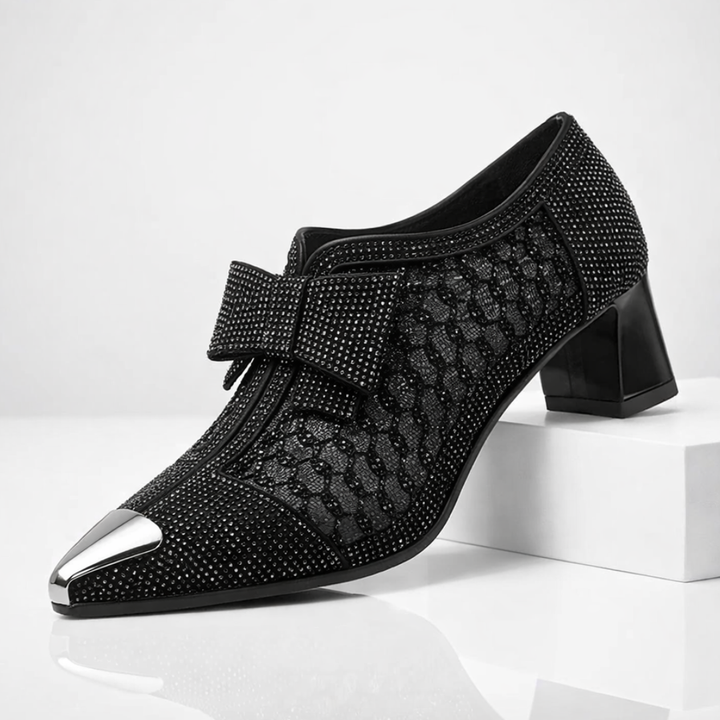 Margot | Elegant Rhinestone Bow Block Heels With Metallic Pointed Toe
