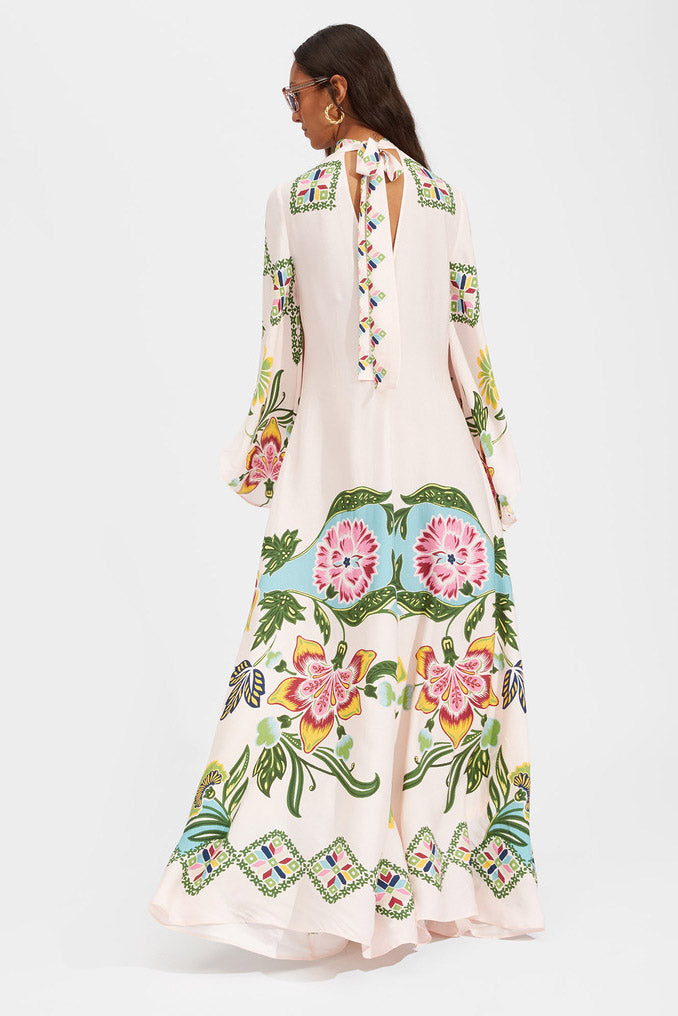 Cordelia | Elegant Floral Print High Neck Maxi Dress With Flowing Sleeves