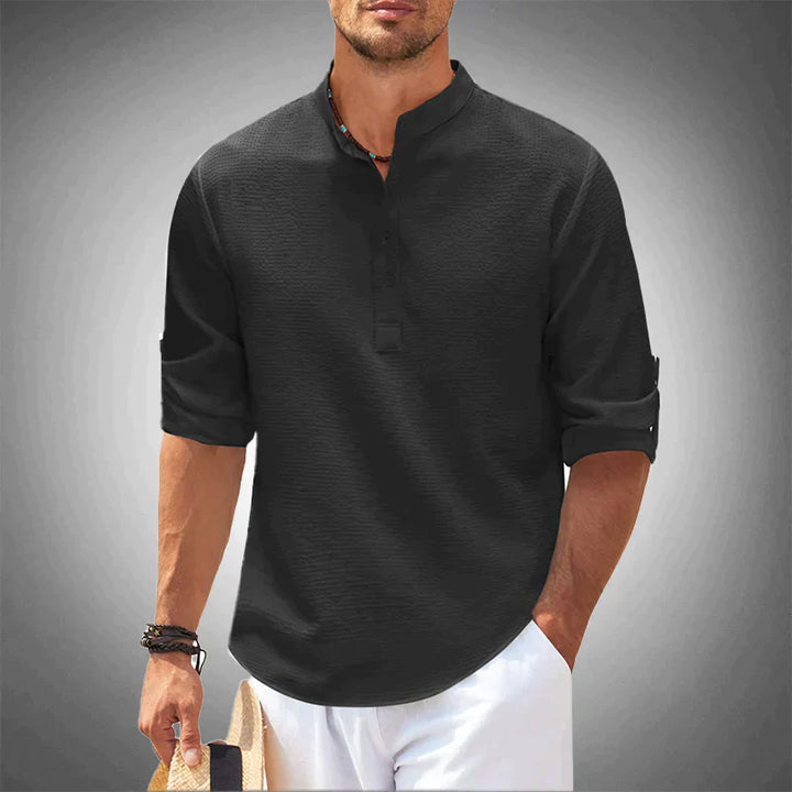Sebastian | Elegant White Mandarin Collar Henley Shirt