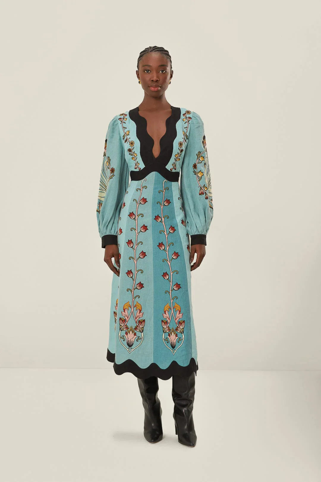 Cordelia | Elegant V-Neck Floral Embroidered Midi Dress