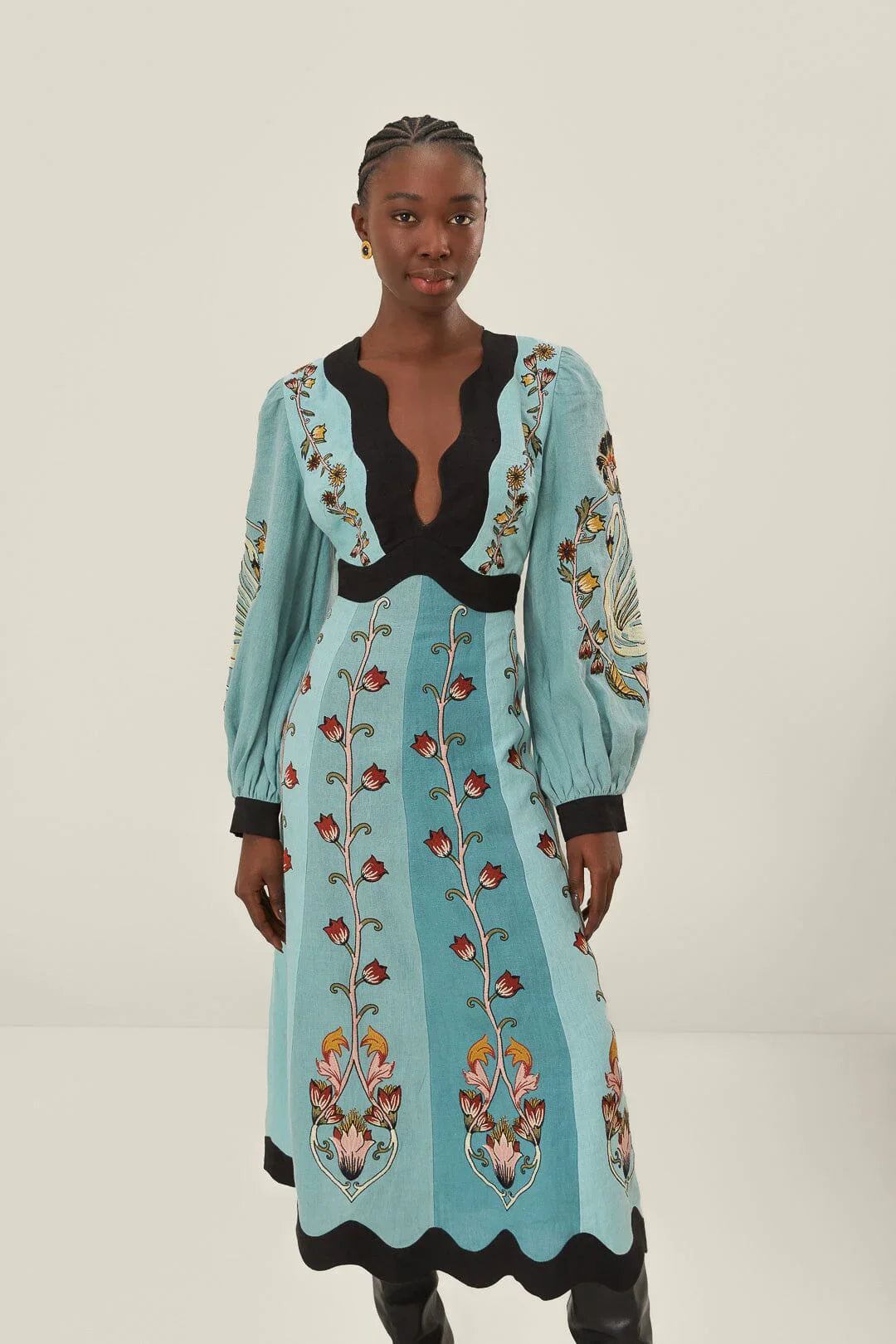 Cordelia | Elegant V-Neck Floral Embroidered Midi Dress