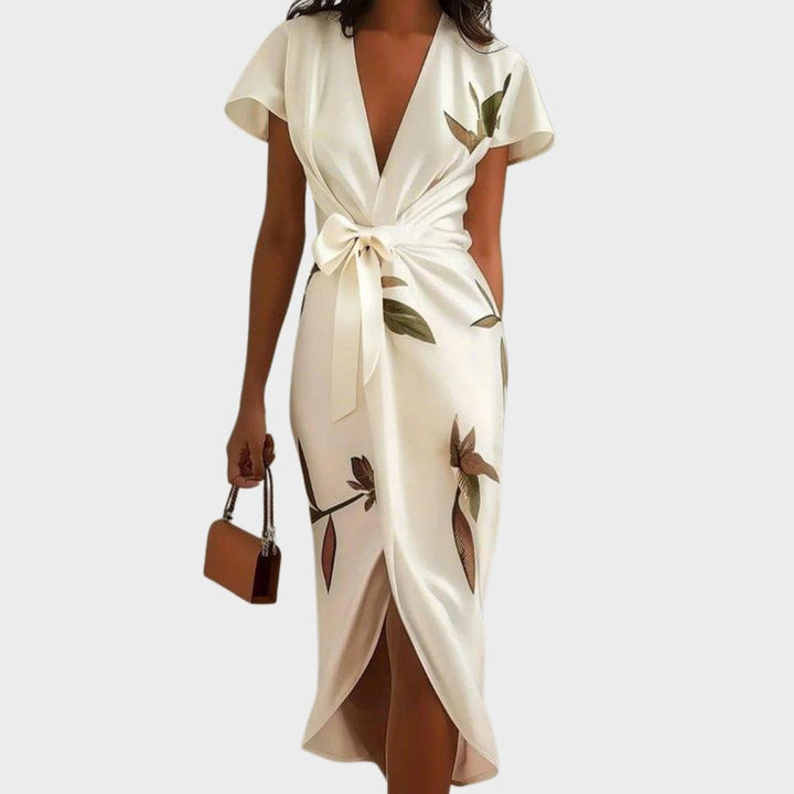 Evangeline | Elegant V-Neck Floral Wrap Midi Dress