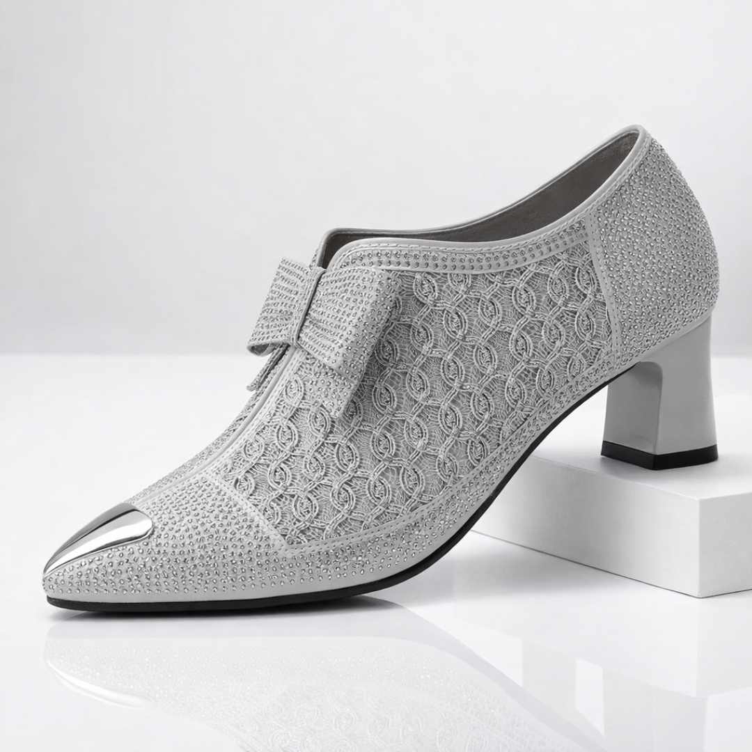 Margot | Elegant Rhinestone Bow Block Heels With Metallic Pointed Toe