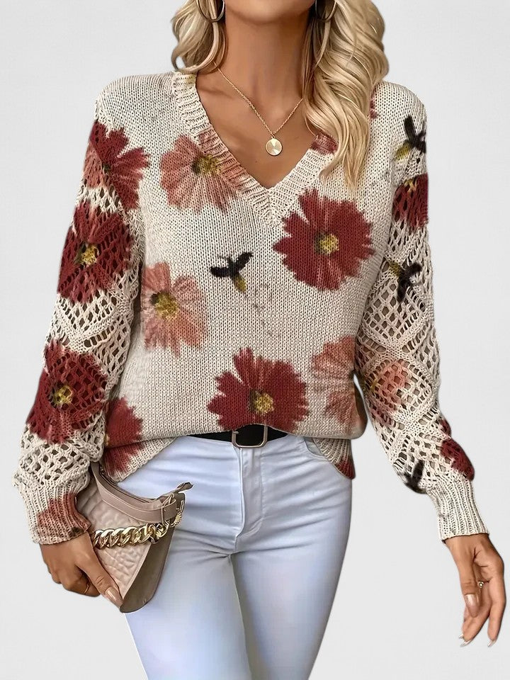 Millie | Elegant V-Neck Floral Knit Sweater With Lace Sleeves
