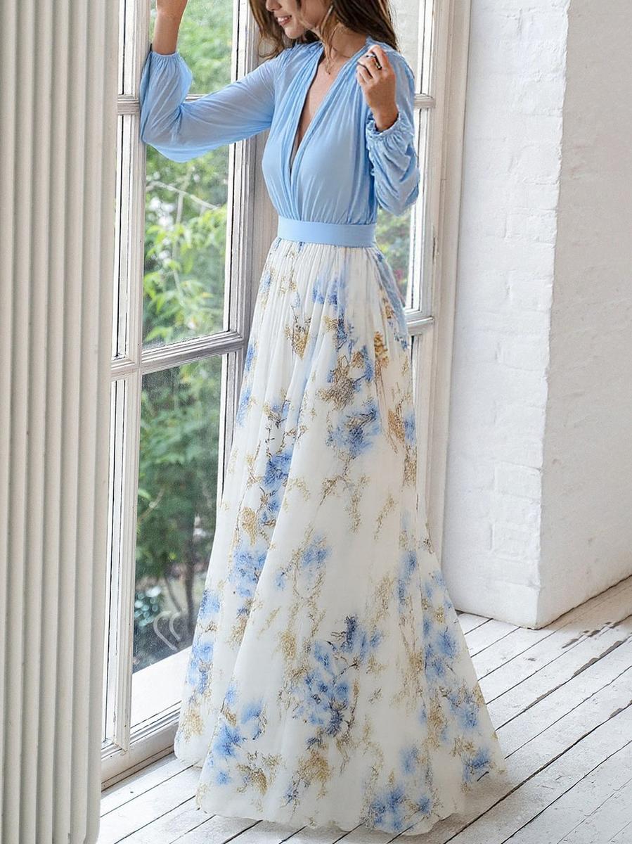 Ophelia | Elegant Floral V-Neck Maxi Dress With Long Sleeves