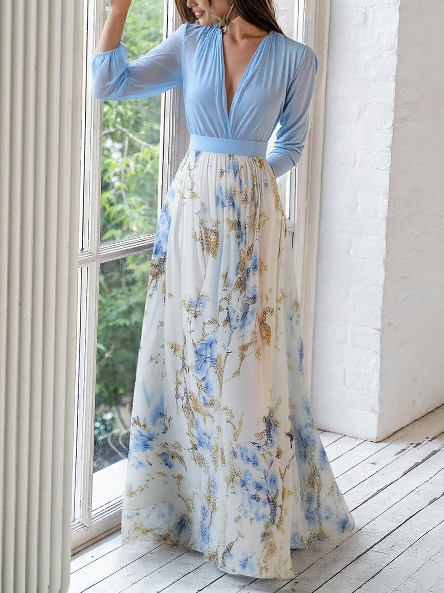 Ophelia | Elegant Floral V-Neck Maxi Dress With Long Sleeves