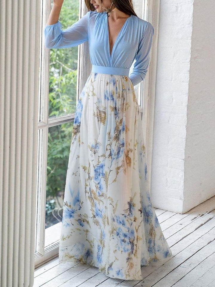 Ophelia | Elegant Floral V-Neck Maxi Dress With Long Sleeves