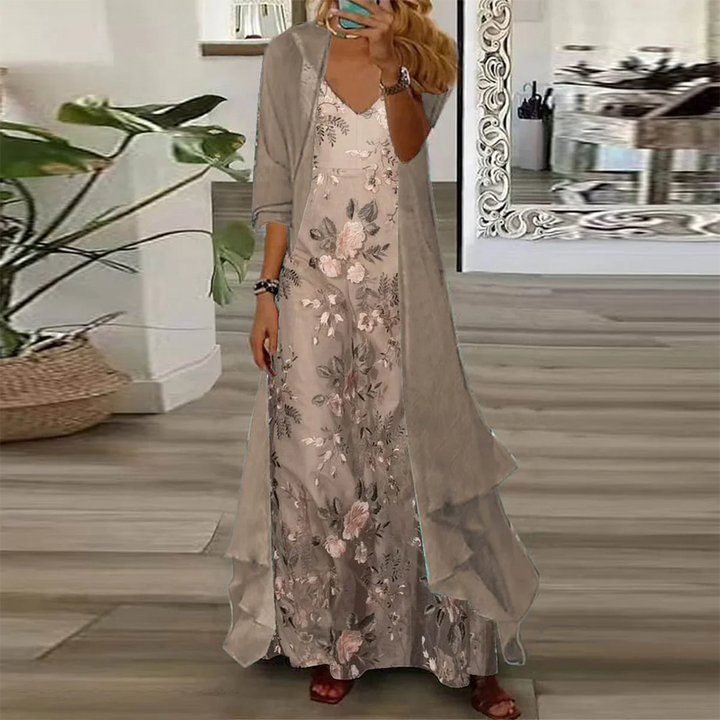 Hannah | Elegant Floral V-Neck Maxi Dress With Cardigan Set