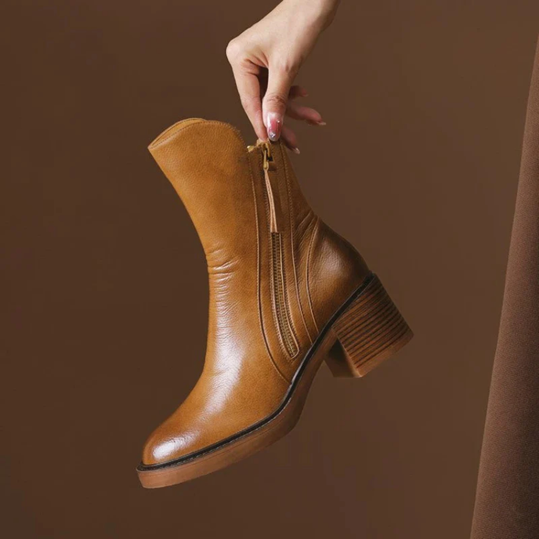 Penelope | Elegant Leather Block Heel Ankle Boots