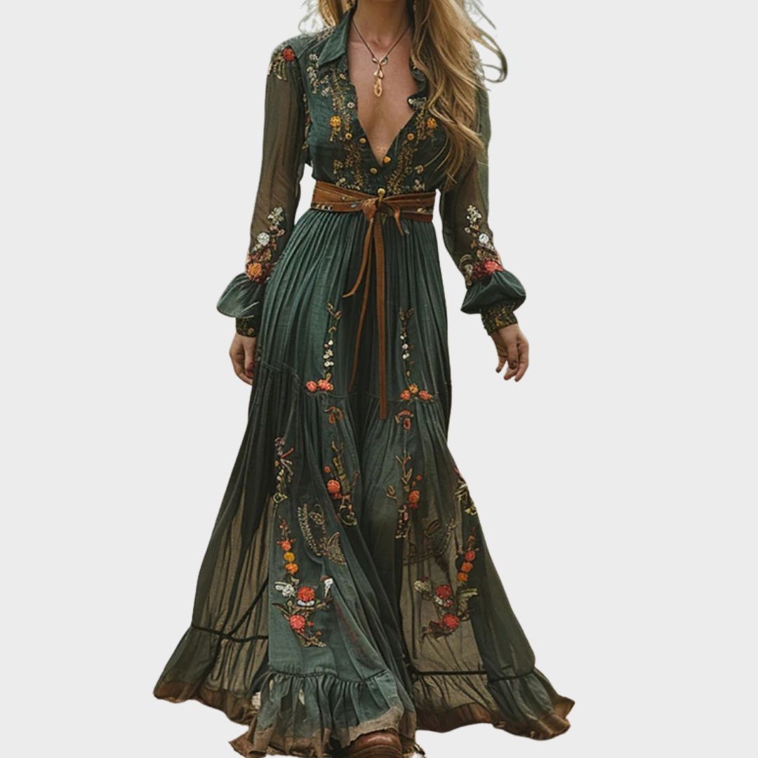 Rosalina | Elegant Embroidered V-Neck Boho Maxi Dress