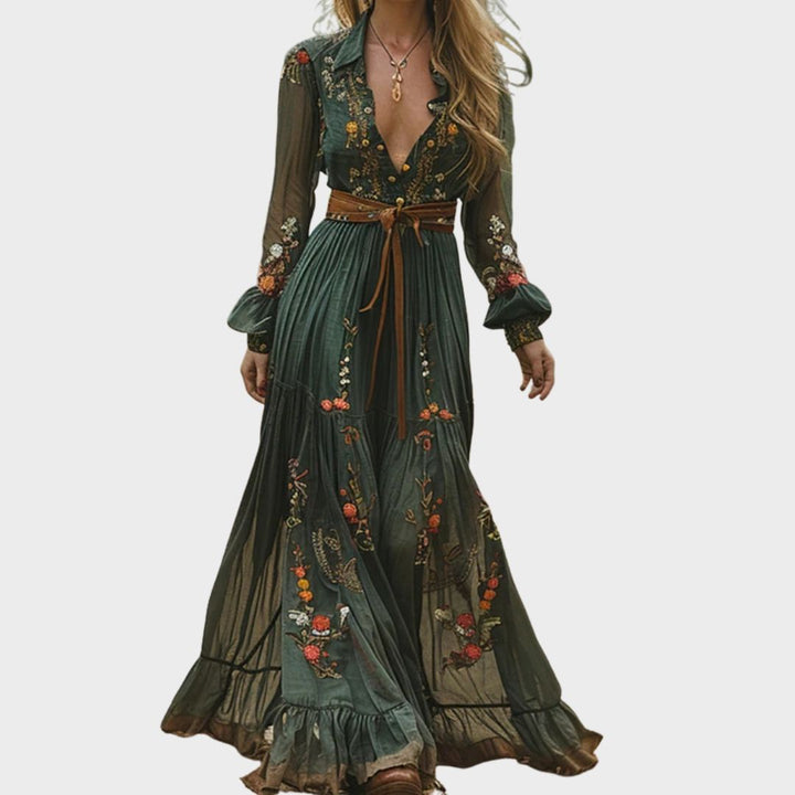 Rosalina | Elegant Embroidered V-Neck Boho Maxi Dress