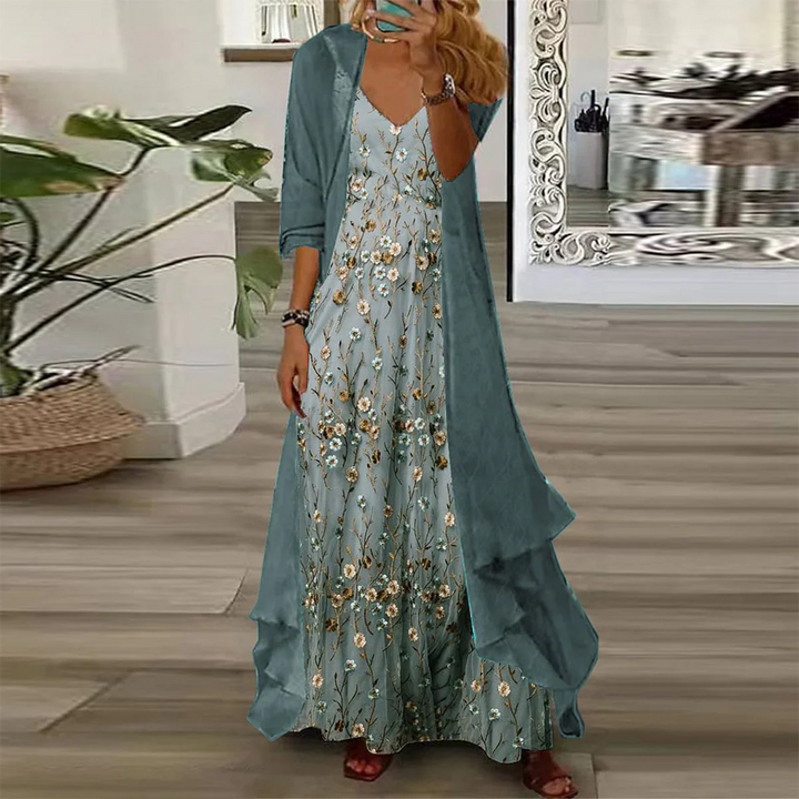 Hannah | Elegant Floral V-Neck Maxi Dress With Cardigan Set