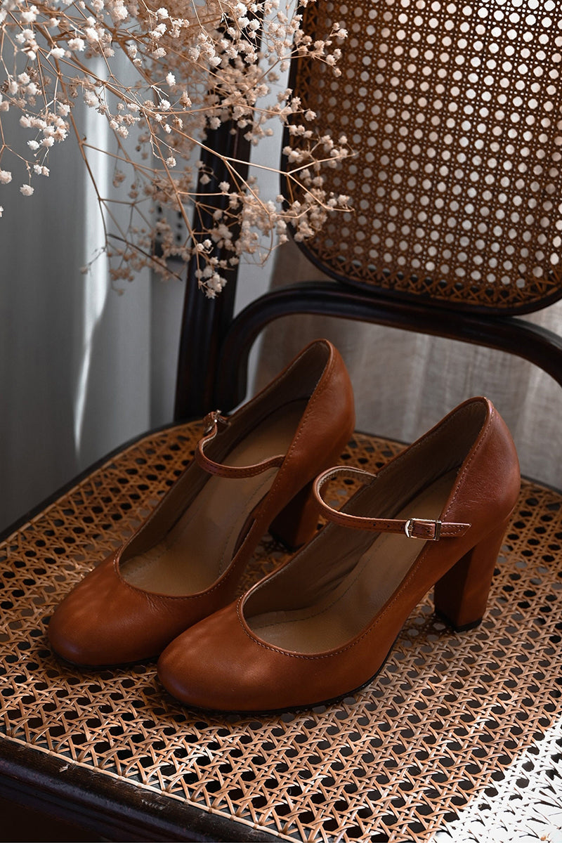 Rose | Elegant Brown Mary Jane Block Heel Sandals