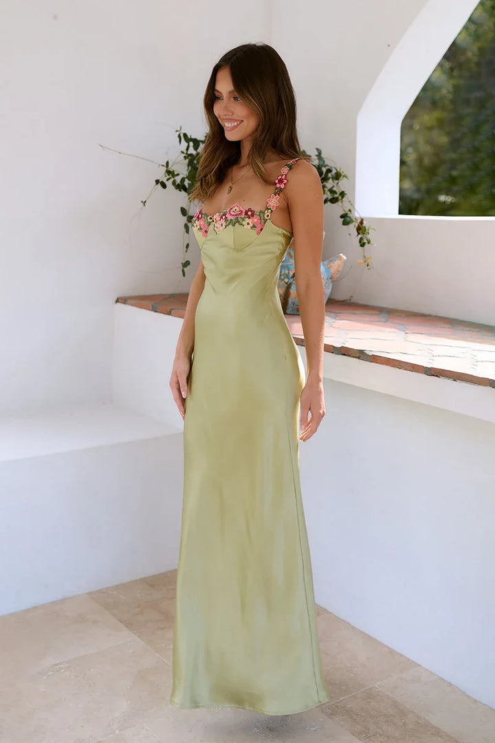 Juniper | Elegant Floral Embroidered Satin Maxi Dress