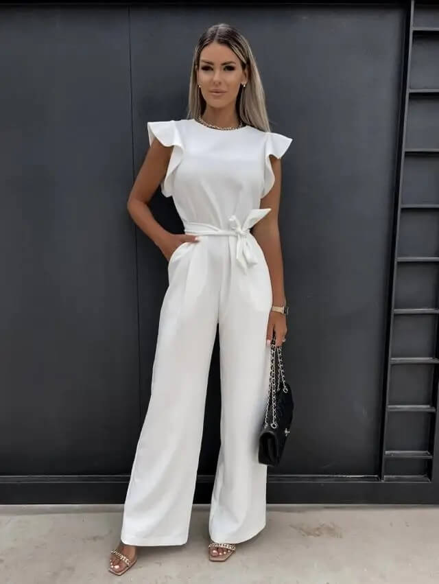 Tessa | Elegant Flutter Sleeve Belted Wide Leg Jumpsuit