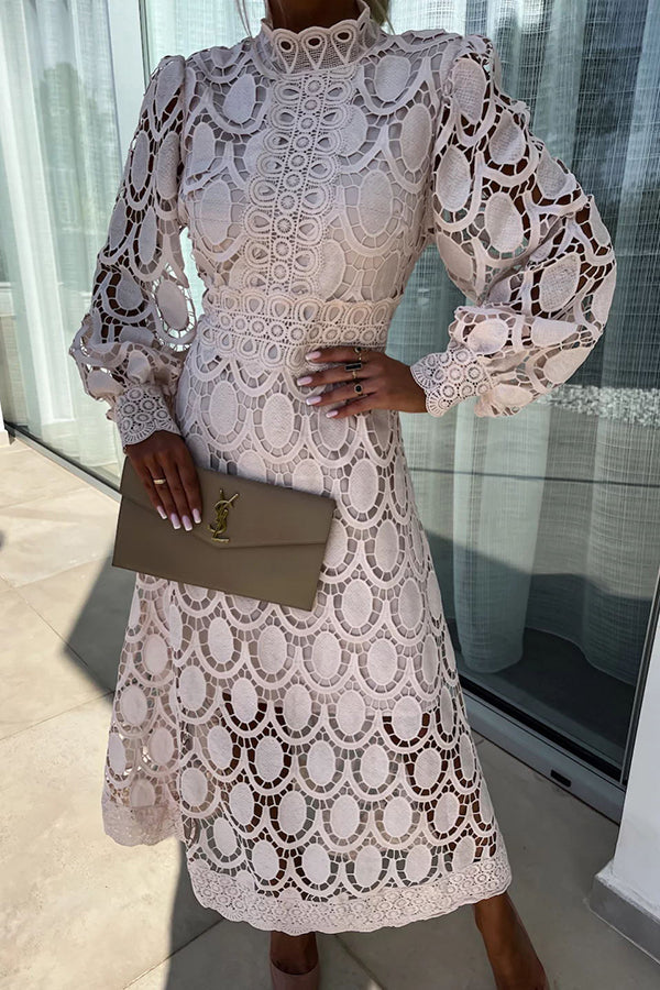 Roshel | Elegant High Neck Long Sleeve Lace Midi Dress