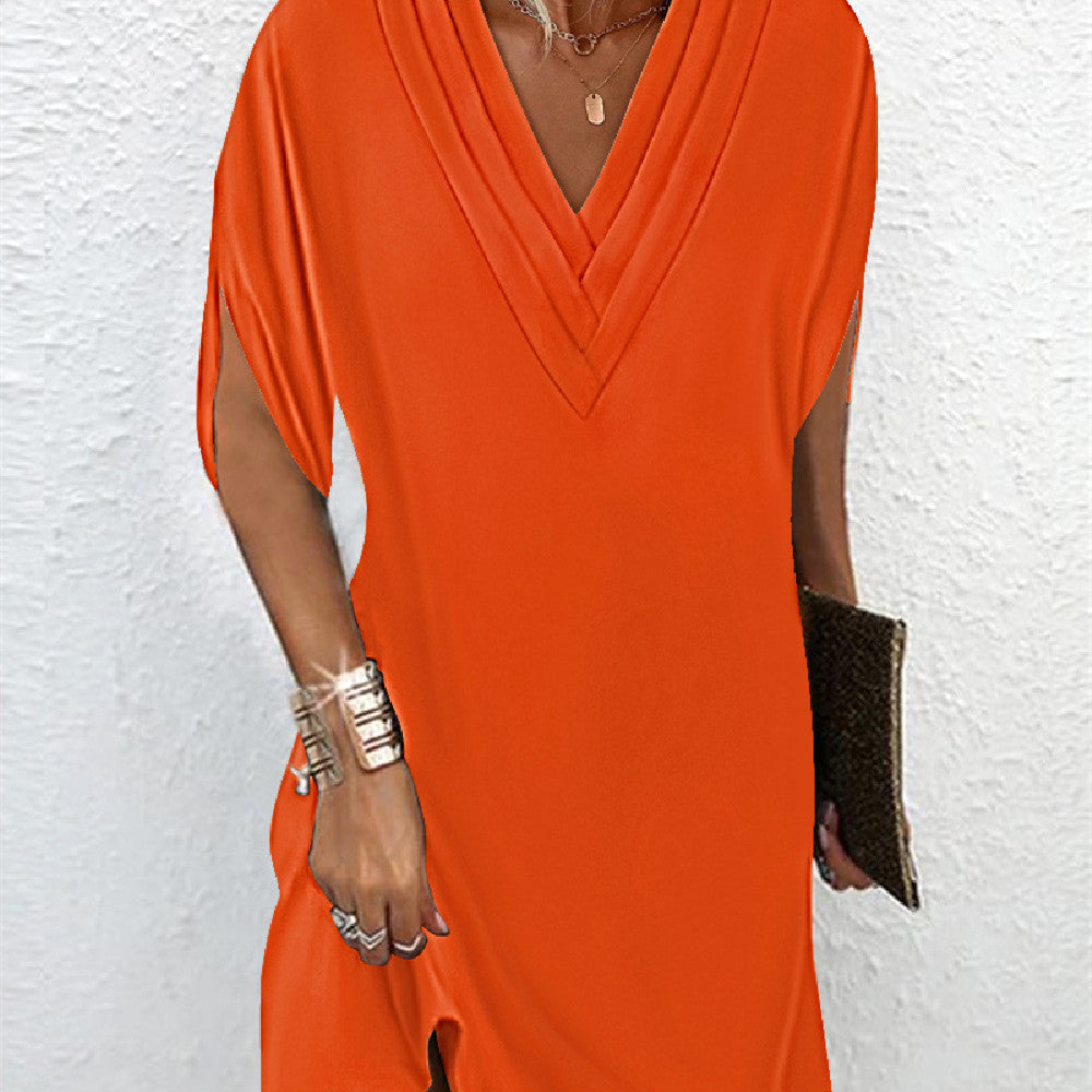Delia | Elegant V-Neck Wrap Midi Dress With Split Sleeves