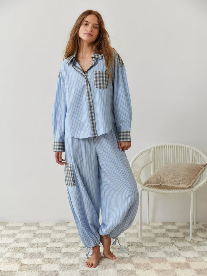 Cassandra | Elegant Striped Button-Up Pajama Set With Plaid Trim
