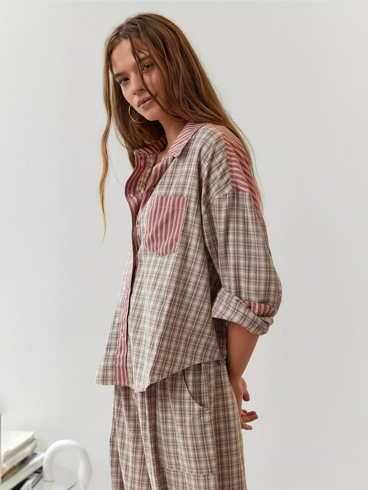 Cassandra | Elegant Striped Button-Up Pajama Set With Plaid Trim
