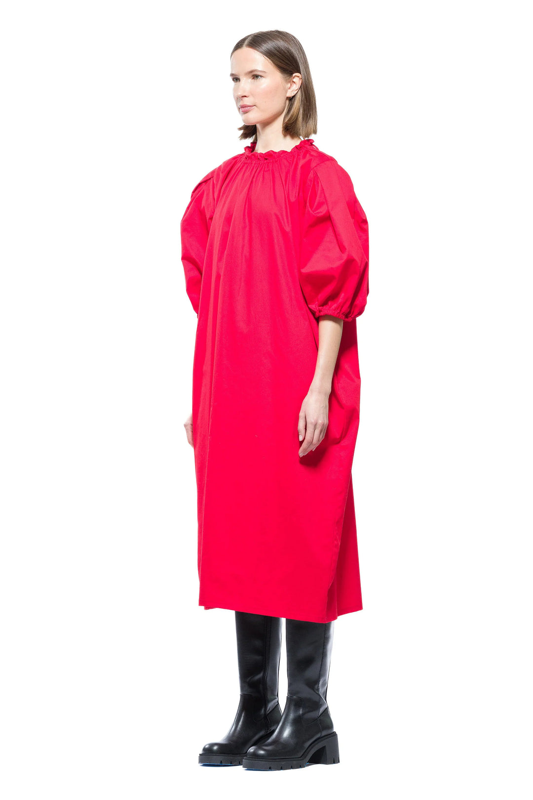 Moonrise | Elegant Puff Sleeve Midi Dress With Ruffle Neckline