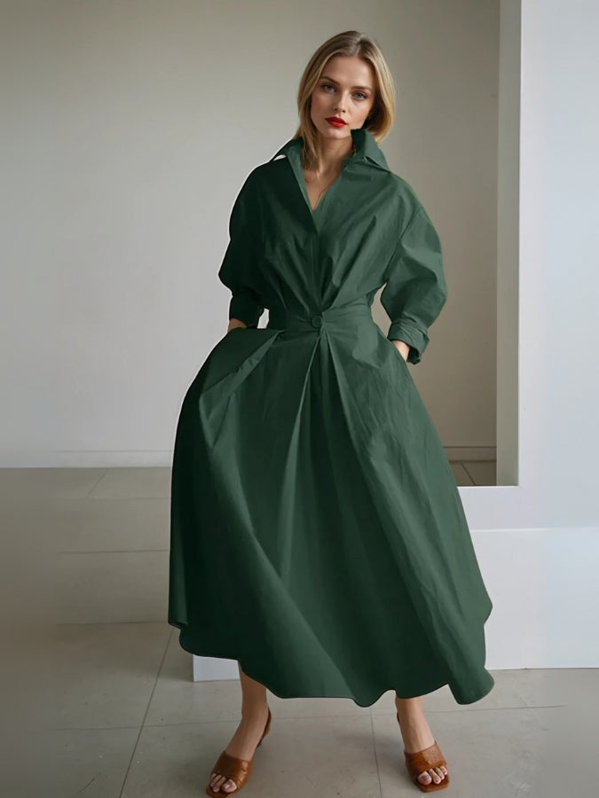 Elyse | Elegant Pleated Maxi Shirt Dress With Belted Waist