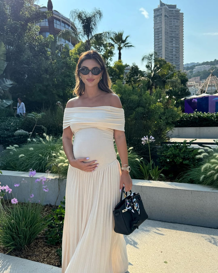 Stella | Elegant Off-Shoulder Pleated Maternity Maxi Gown